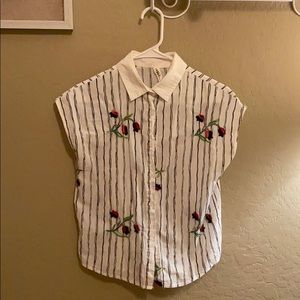 Embroidered Floral & Striped Button-Down Blouse
